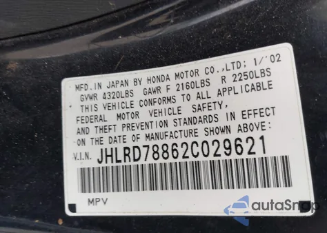 2002 Honda Cr-V Ex z USA, uszkodzony, nr VIN JHLRD78862C029621